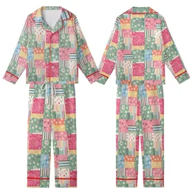 Nostalgic Dreamer's: Pastel Patchwork Wildflower Paisley Design - Unique All-Over Print Kid Satin Pajamas Set