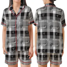 Cozy Rustic Plaid: Black White Gray Good Morning Heart Script Lumberjack Style Satin Short-Sleeve Pajamas Set