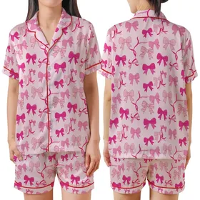 Women's Charming Fuchsia Rose Pink Bows & Ribbons Garment - Pale Pink, Striped & Solid Satin Short-Sleeve Pajamas Set