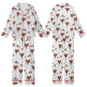 Martini Enthusiast: Elegant Watercolor Reddish-Brown Martini Glass with Dark Coffee Beans & Light Blue Ribbon Pattern Kid Satin Pajamas Set