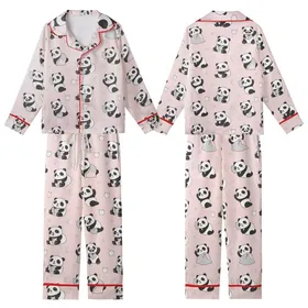 Panda Lover's Pastel Pink Dreamscape: Cute Sleepy Cartoon Panda Moons & Stars Pattern Kid Satin Pajamas Set