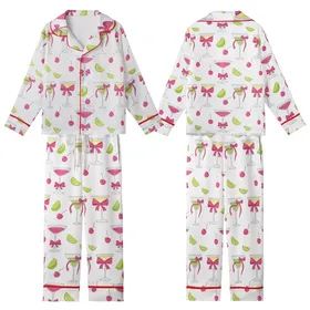 Cocktail Lover's Whimsical Pink Bowed Martini, Margarita & Lime Pattern Kid Satin Pajamas Set