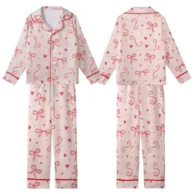 Feminine Whimsical Pastel Pink Ribbons & Bows Design with Fuchsia Hearts Kid Satin Pajamas Set