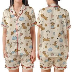 Cozy Canine Whimsy: Playful Cartoon Dogs & Comfort Food Pattern with Cream & Sky Blue Satin Short-Sleeve Pajamas Set