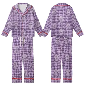 Whimsical Bear Fan: Lavender Geometric Houndstooth Violet Sitting Bear Design Kid Satin Pajamas Set
