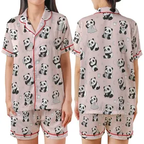 Panda Lover's Pastel Pink Dreamscape: Cute Sleepy Cartoon Panda Moons & Stars Pattern Satin Short-Sleeve Pajamas Set