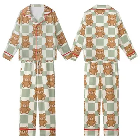 Cozy Comfort: Cute Cartoon Teddy Bears Light Sage Gingham Pattern Loungewear Kid Satin Pajamas Set