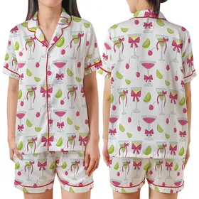 Cocktail Lover's Whimsical Pink Bowed Martini, Margarita & Lime Pattern Satin Short-Sleeve Pajamas Set