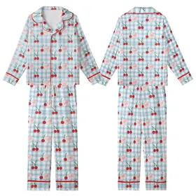 Sweetheart's Light Blue Gingham Red Cherry Pink Blossom Lifestyle Piece Kid Satin Pajamas Set