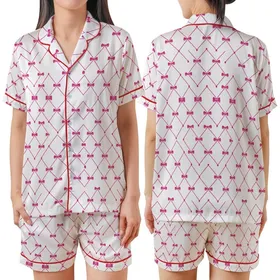 Sweet Elegance Pink Bow Diamond Lattice Magenta Dot Fashion Statement Satin Short-Sleeve Pajamas Set