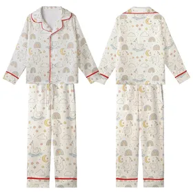 Whimsical Dreamer's Goose & Moon Cloud Play Pattern - Cozy Textile Item Kid Satin Pajamas Set