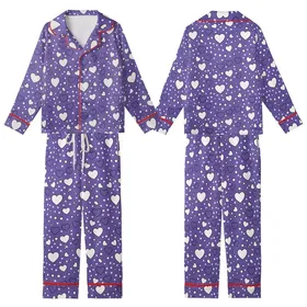 Playful Heart's Medium Purple Scattered White & Outline Hearts, Stars, & Dots Pattern Loungewear Kid Satin Pajamas Set