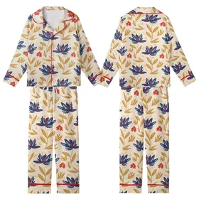 Artistic Spirit: Indigo Floral Botanical Art on Creamy Beige Painterly Motif Kid Satin Pajamas Set