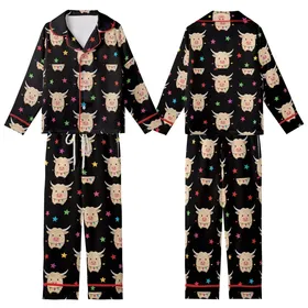 Highland Cow Lover: Whimsical Fluffy Cow Christmas Lights Multi-Color Stars Black Sweater Kid Satin Pajamas Set