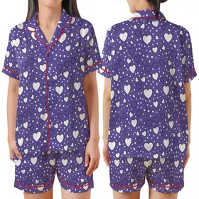Playful Heart's Medium Purple Scattered White & Outline Hearts, Stars, & Dots Pattern Loungewear Satin Short-Sleeve Pajamas Set