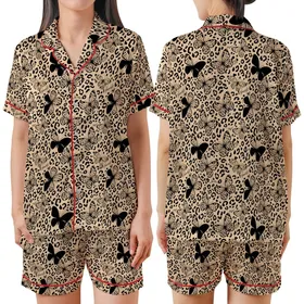 Women's Empowering Leopard Butterfly Design: Peachy Black 'You Are Beautiful' Motif Satin Short-Sleeve Pajamas Set