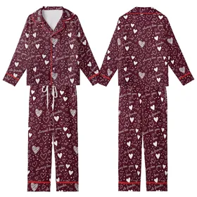 Romantic Hearts: Deep Maroon White Hand-Sketched Hearts & Eternal Love Script Scattered Design Kid Satin Pajamas Set