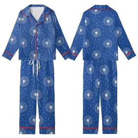 Dandelion Spirit: Flowing White Seeds Delicate Heads Royal Blue Wearable Design Kid Satin Pajamas Set