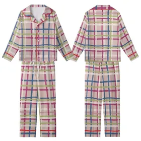 Modern Aesthetic: Deconstructed Rose Beige Plaid Grid with Blue Magenta Olive Accents Artwork Kid Satin Pajamas Set
