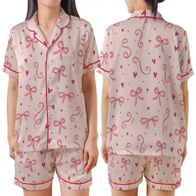 Feminine Whimsical Pastel Pink Ribbons & Bows Design with Fuchsia Hearts Satin Short-Sleeve Pajamas Set
