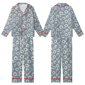 Nature-Inspired Delicate White Floral Pattern on Muted Blue-Grey Wearable Kid Satin Pajamas Set