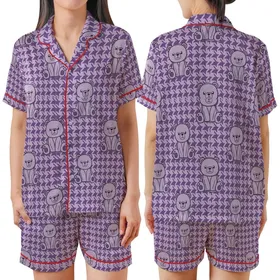 Whimsical Bear Fan: Lavender Geometric Houndstooth Violet Sitting Bear Design Satin Short-Sleeve Pajamas Set