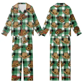 Rustic Western Charm: Cowboy Hats, Yellow Sunflowers - Emerald Green Tartan Plaid Pattern Kid Satin Pajamas Set