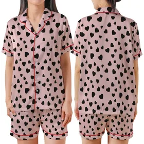Romantic Heart Lover's Irregular Black Hearts Dusty Rose Pink Personalized Item Satin Short-Sleeve Pajamas Set