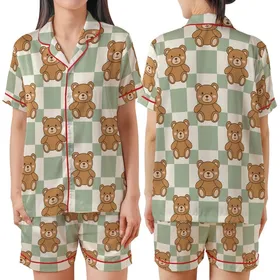 Cozy Comfort: Cute Cartoon Teddy Bears Light Sage Gingham Pattern Loungewear Satin Short-Sleeve Pajamas Set