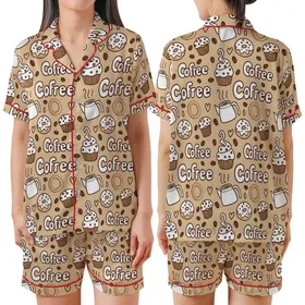Coffee Lover's Whimsical Cafe & Sweet Treats Pattern Cozy Loungewear Satin Short-Sleeve Pajamas Set