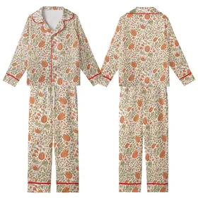 Hand-Drawn Vintage Botanical Foliage Blooms: Rusty Orange Sage Green Tulip Design Kid Satin Pajamas Set