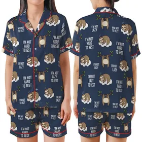 Sloth Lover's Cute Flat Navy Sloth Pattern with 'Work Hard To Rest' Message Loungewear Satin Short-Sleeve Pajamas Set