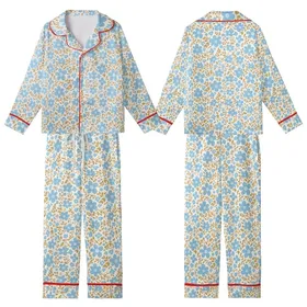 Retro Sky Blue Floral Bloom: 70s Hand-Drawn Olive Leaf & Earthy Stem Garment Kid Satin Pajamas Set