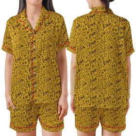 Whimsical Soul's Yellow Hand-Drawn Love Script, Scattered Outline Hearts, Flowers, Stars Piece Satin Short-Sleeve Pajamas Set