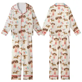 Dachshund Lover's Winking Cartoon Girl & Party Dogs Customizable Item Kid Satin Pajamas Set