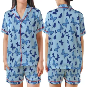 Nature Lover's Multitude of Indigo & Royal Blue Butterflies Dynamic Flight Wearable Art Satin Short-Sleeve Pajamas Set