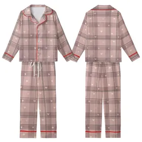 Romantic Rose Plaid: Soft Muted Pink Plaid Pattern with Subtle Cream Hearts - All-Over Print Design Kid Satin Pajamas Set