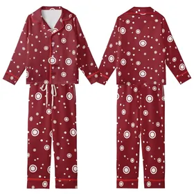 Modern Style: Deep Cranberry Red Organically Scattered Varying-Size White Circles Sweater Kid Satin Pajamas Set
