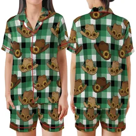 Rustic Western Charm: Cowboy Hats, Yellow Sunflowers - Emerald Green Tartan Plaid Pattern Satin Short-Sleeve Pajamas Set