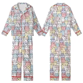 Feline Fanatic's Whimsical Cat Pattern - Dusty Rose Pastel Adornment Kid Satin Pajamas Set