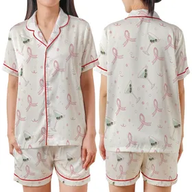 Celebration Ready: Whimsical Pink Ribbon, Mint Martini & Champagne Bubbles Design Satin Short-Sleeve Pajamas Set