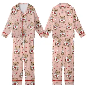 Sweetheart's Blush Pink: Cute Teddy Bear Hoodie SMILE Design Comfortwear Kid Satin Pajamas Set