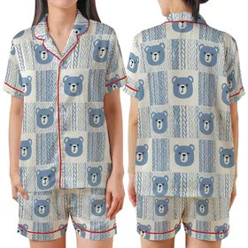 Cozy Comfort Lover's Dusty Blue & Cream Bear Faces with Cable Knit Accents Satin Short-Sleeve Pajamas Set
