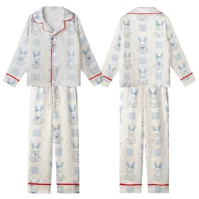 Cozy Aesthetic: Baby Blue Rabbit Cable Knit & Polka Dot Design Kid Satin Pajamas Set