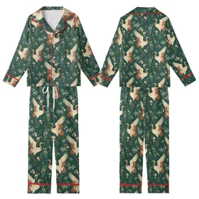 Elegant East Asian Inspired: Cream Ink Wash Cranes Peach Beige Wisteria - Wearable Art Kid Satin Pajamas Set