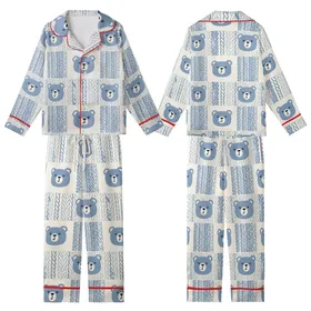 Cozy Comfort Lover's Dusty Blue & Cream Bear Faces with Cable Knit Accents Kid Satin Pajamas Set