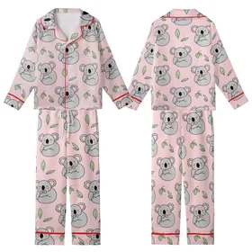 Koala Lover's Playful Grey Cartoony Koalas Pink & Blue Bowties Pastel Pink Eucalyptus Pattern Kid Satin Pajamas Set