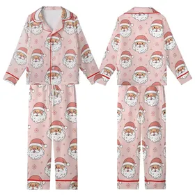 Cheerful Christmas: Whimsical Santa Faces, Pastel Pink Snowflakes - Cozy Festive Wear Kid Satin Pajamas Set