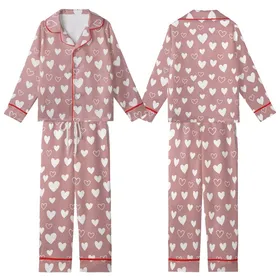 Whimsical Dreamer: Dusty Rose Scattered White Hearts Outline Design Satin Short-Sleeve Pajamas Set