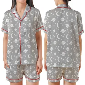 Dreamer's Minimalist Monochromatic White Stars Moons Planets Casual Wear, Heather Grey Satin Short-Sleeve Pajamas Set